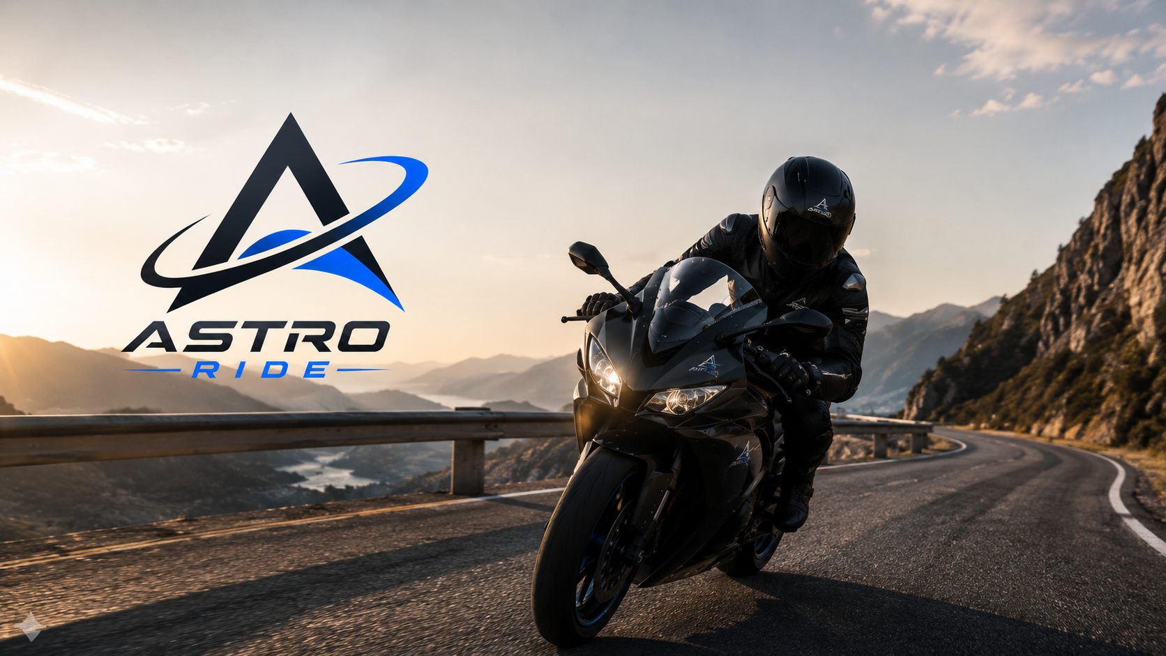 Motociclista de Astro Ride en una ruta de montaña al atardecer